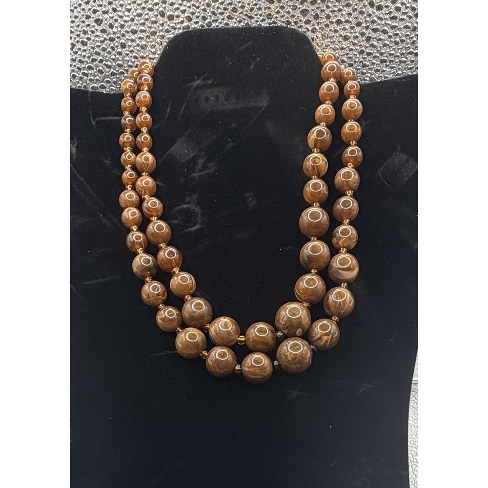 Vintage Chunky Brown Bead Necklace Double Strand Marbled Graduated Beads Retro